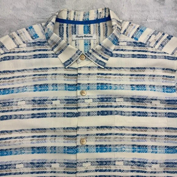 Tommy Bahama Camp Shirt Mens XL Beige Blue Silk Striped Short Sleeve Button Down - Picture 2 of 6